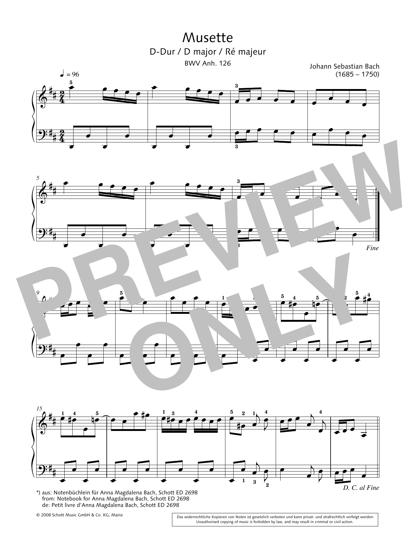 Produktgalerie: Seite 1 von 1 Musette in D major, Johann Sebastian Bach, Klavier