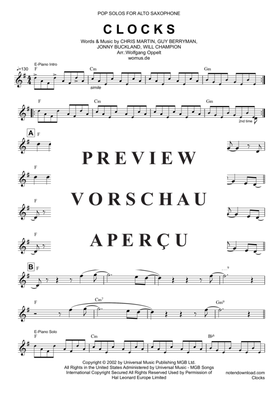 Product gallery: Page 2 of 4 Clocks, Coldplay, Alto Saxophone solo and chords