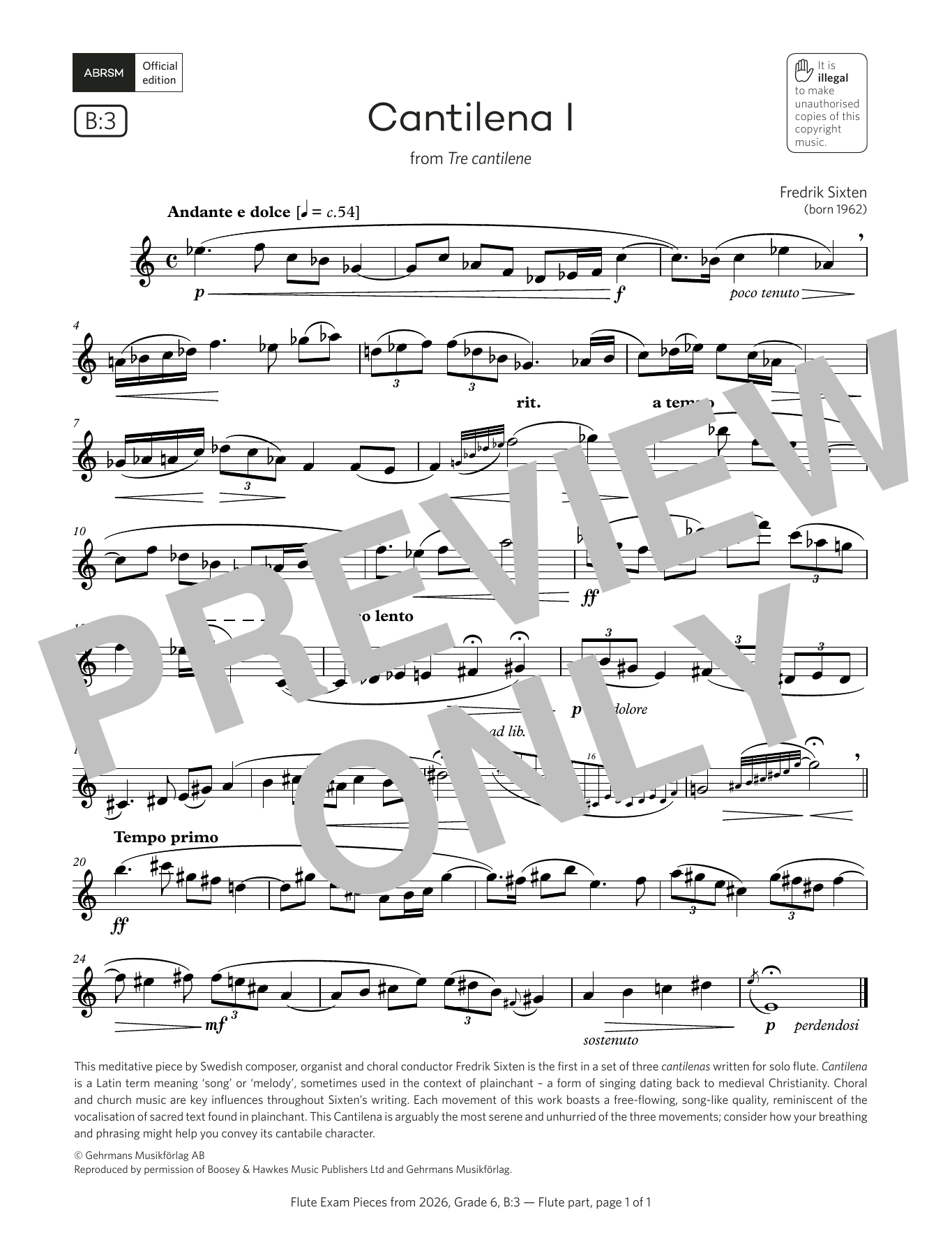 Product gallery: Page 1 of 1 Cantilena I (Grade 6, list B3, from the ABRSM Flute Syllabus from 2026), Fredrik Sixten