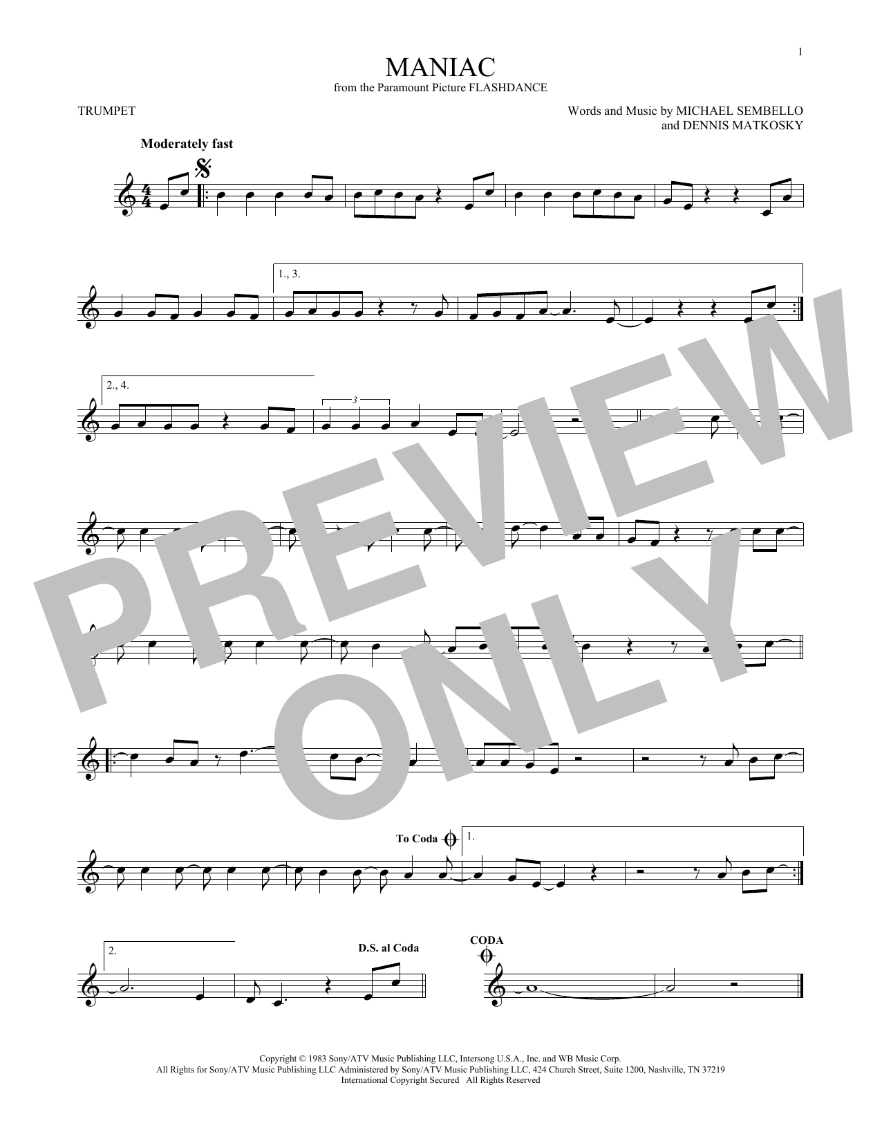 Maniac (Michael Sembello) | Sheet Music: Trumpet Solo | PDF Download