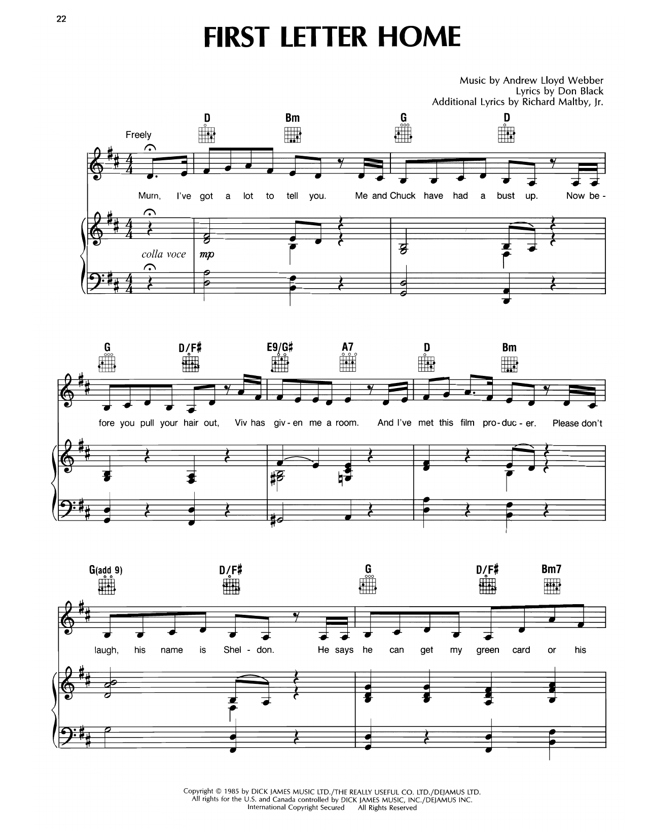 Produktgalerie: Seite 1 von 1 First Letter Home (from Song & Dance), Andrew Lloyd Webber, Gesang, Gitarre, Klavier