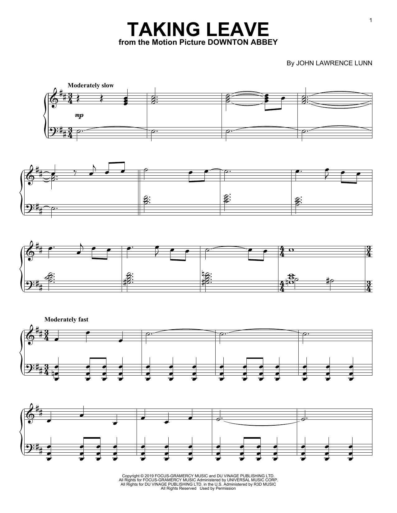 Product gallery: Page 1 of 1 Taking Leave (from the Motion Picture Downton Abbey), John Lunn
