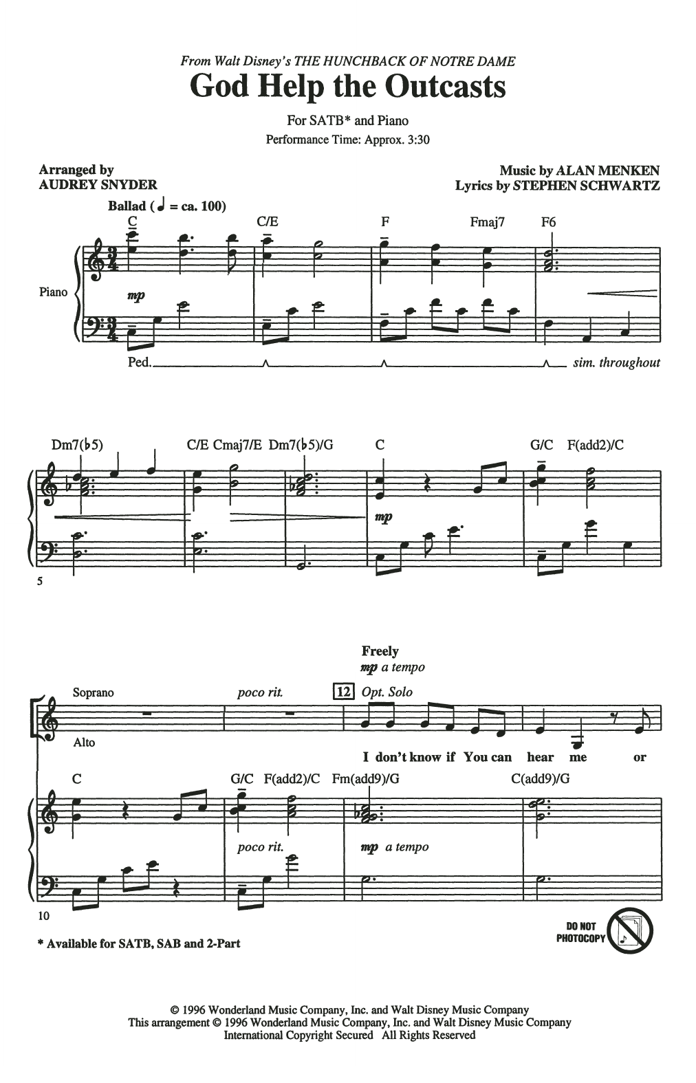 Product picture to: God Help The Outcasts (from The Hunchback Of Notre Dame) (arr. Audrey Snyder)