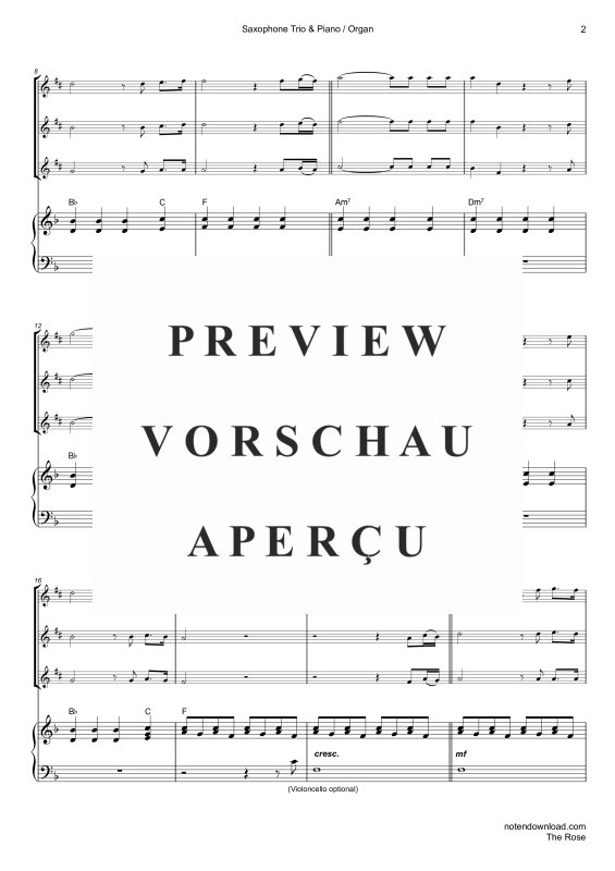 Product gallery: Page 5 of 11 The Rose, Midler, Bette, Trio For 3 Saxophones (A, A, A) and Piano Or Organ, With Optional Cello - Single Version