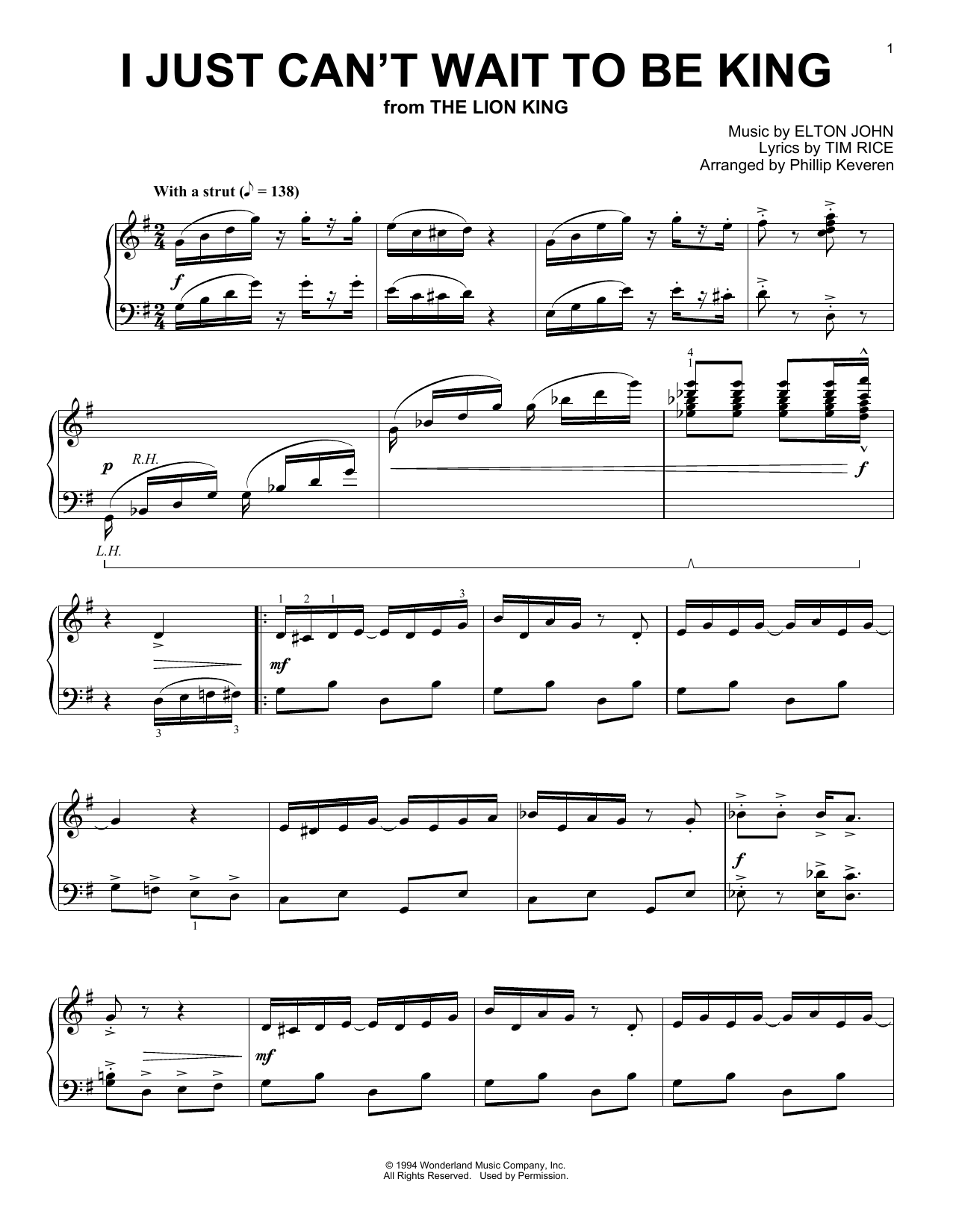 Product gallery: Page 1 of 1 I Just Can't Wait To Be King [Ragtime version] (from The Lion King) (arr. Phillip Keveren), Elton John