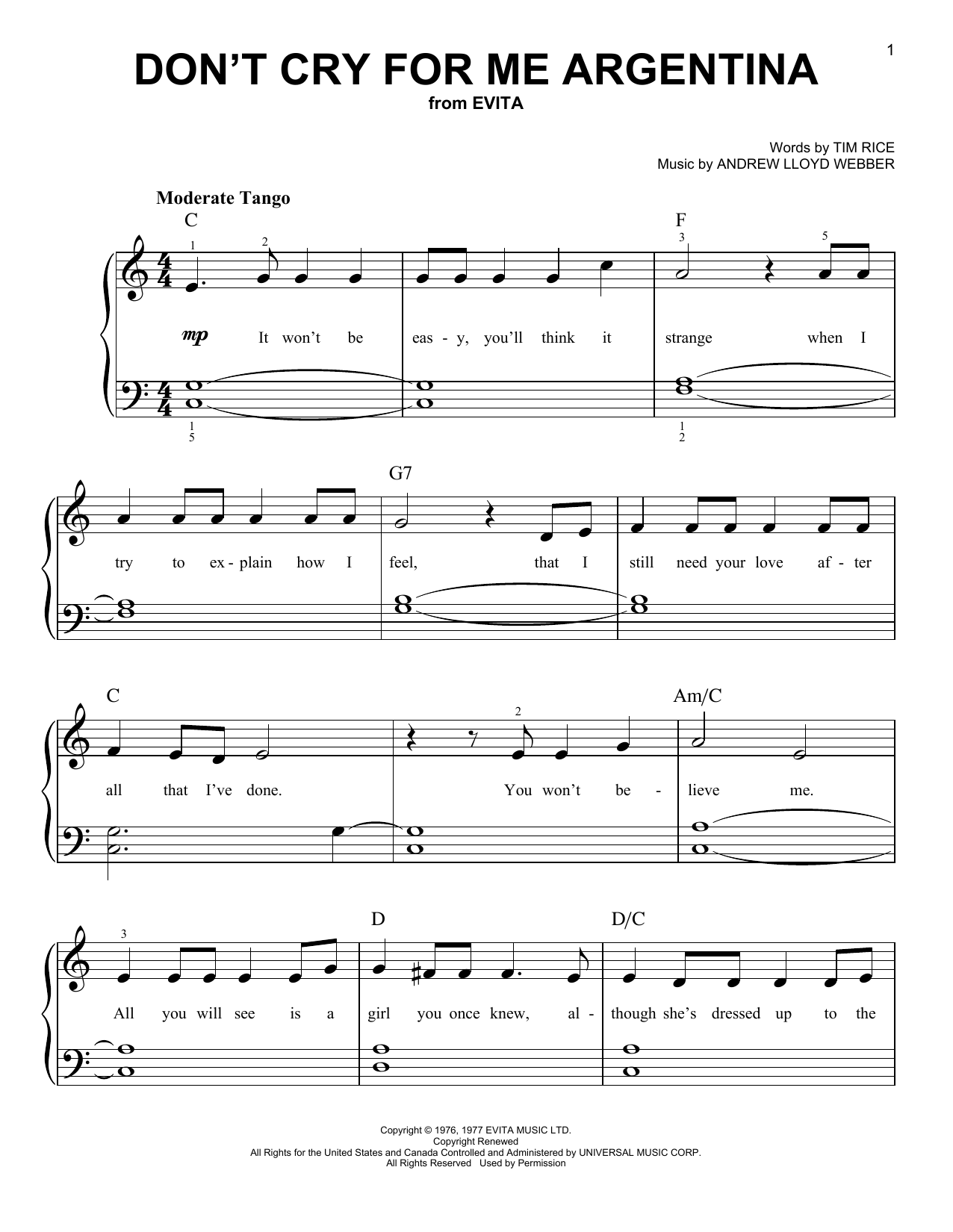 Produktgalerie: Seite 1 von 1 Don't Cry For Me Argentina, Andrew Lloyd Webber, Klavier