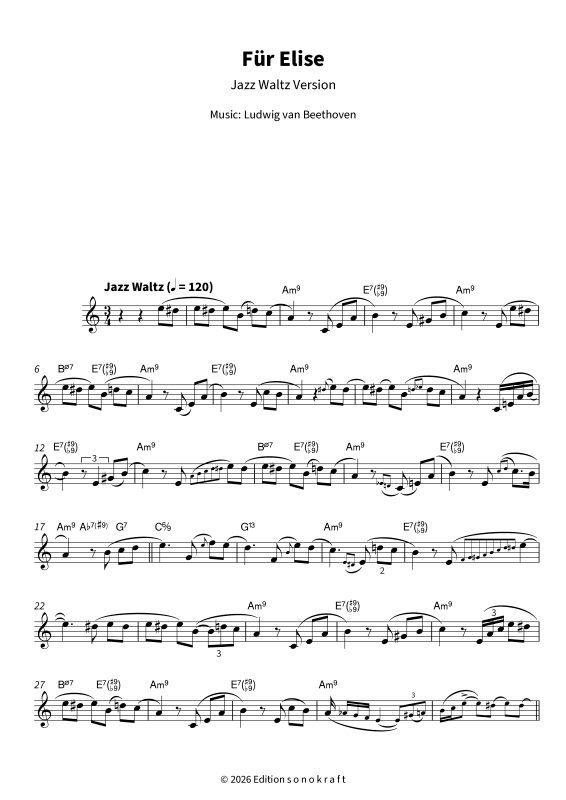 Produktgalerie: Seite 1 von 6 Für Elise - Jazz Waltz Version, , Violine Solo - Leadsheet