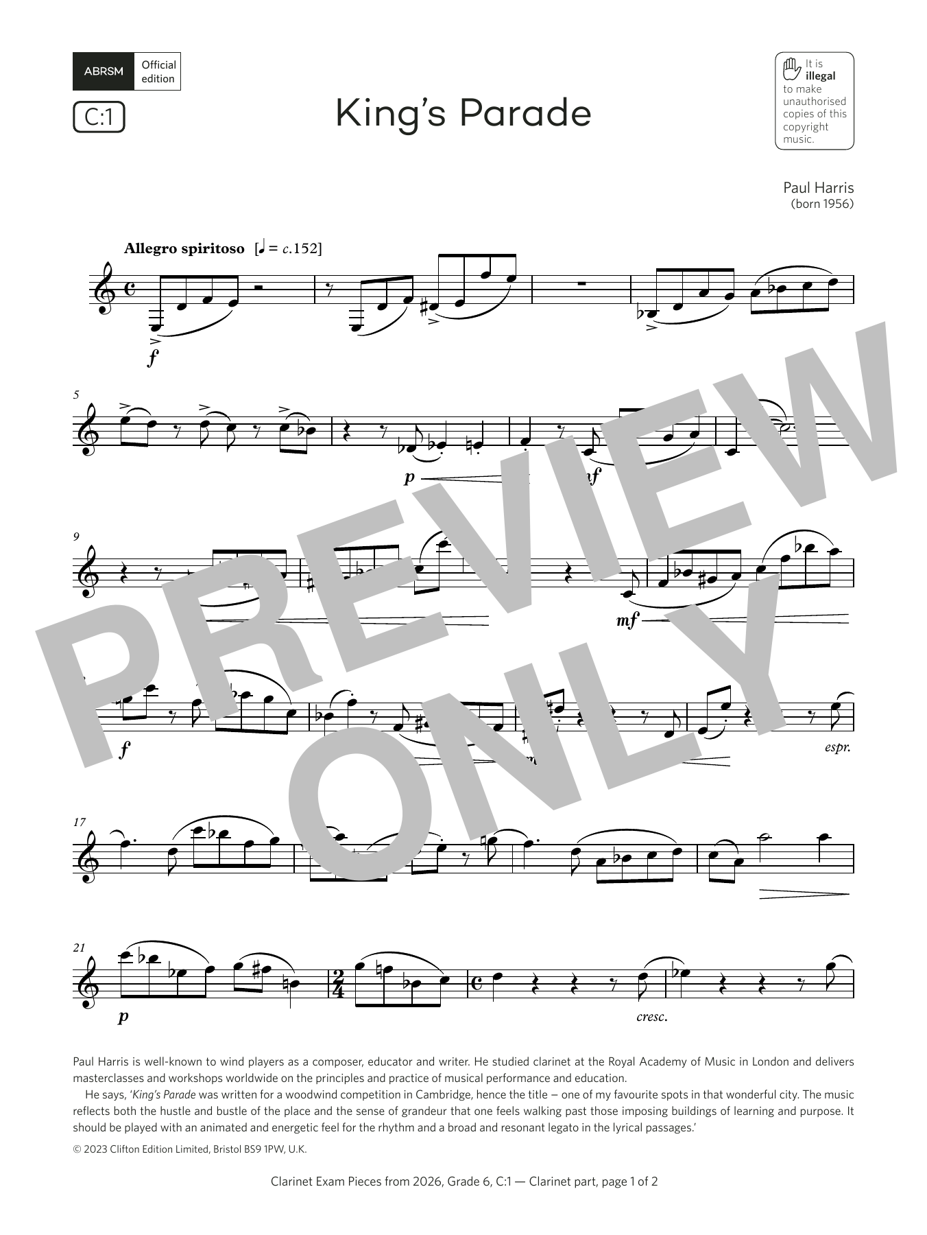 Product gallery: Page 1 of 1 King's Parade (Grade 6, list C1, from the ABRSM Clarinet Syllabus from 2026), Paul Harris