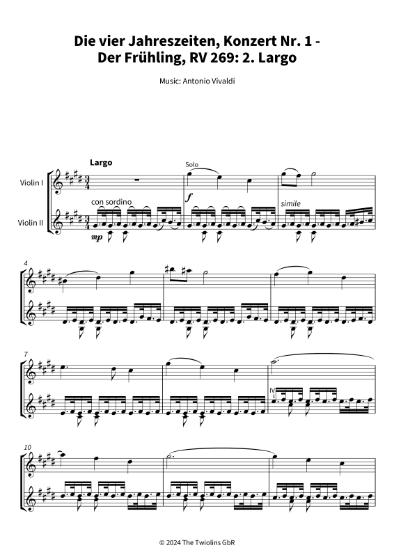 Produktgalerie: Seite 1 von 6 Die vier Jahreszeiten, Konzert Nr. 1 - Der Frühling - 2. Largo, The Twiolins, (Duett 2x Violine)