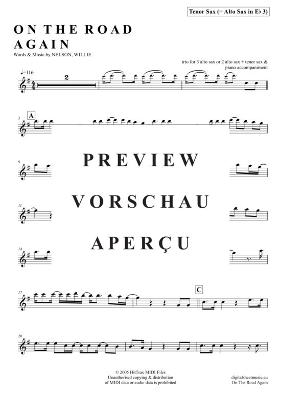 Product gallery: Page 16 of 21 On The Road Again (Saxophon Trio AAA(T) , Nelson, Willie,  + piano)