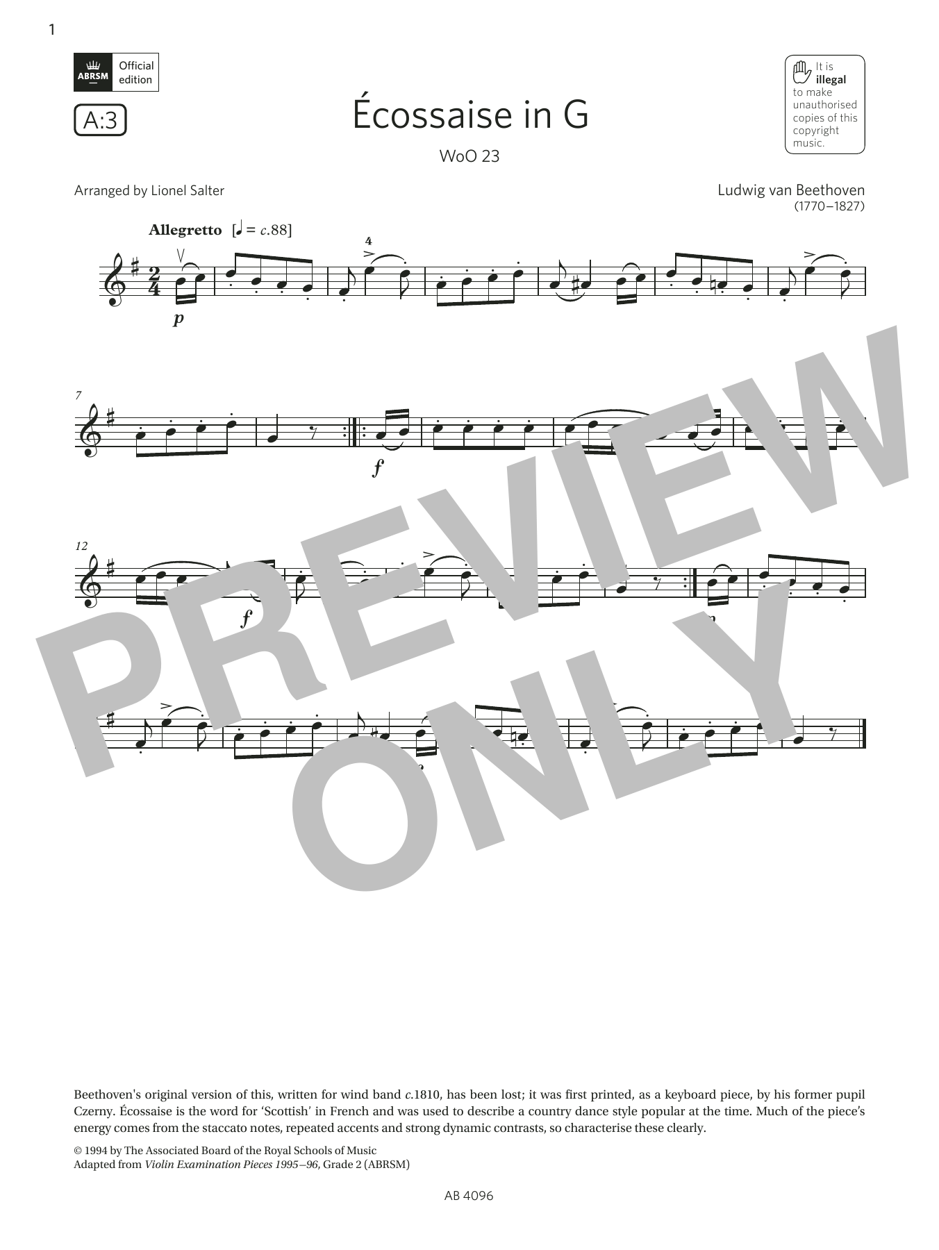 Product gallery: Page 1 of 1 Écossaise in G, WoO 23 (Grade 2, A3, from the ABRSM Violin Syllabus from 2024), Ludwig van Beethoven