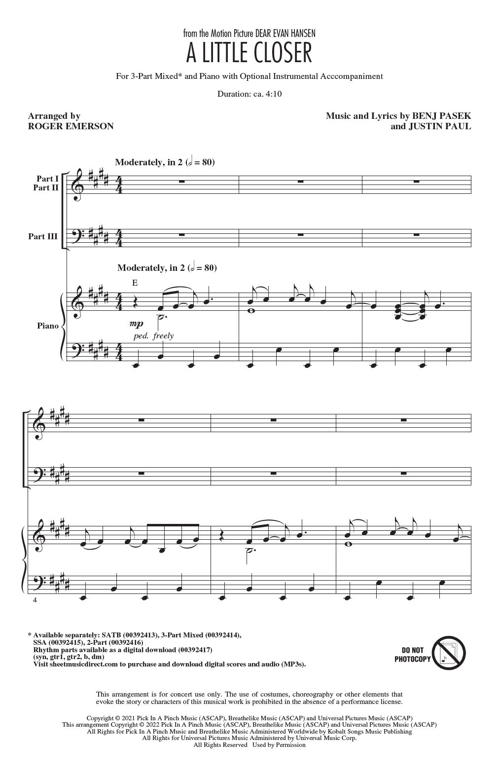 Product picture to: A Little Closer (from Dear Evan Hansen) (arr. Roger Emerson)