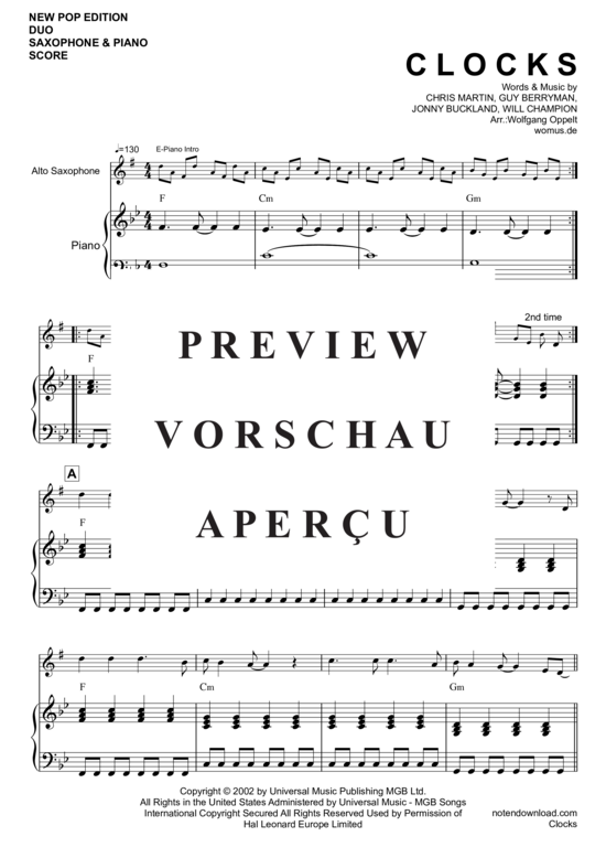 Product gallery: Page 2 of 11 Clocks , Coldplay, (alto saxophone + piano)