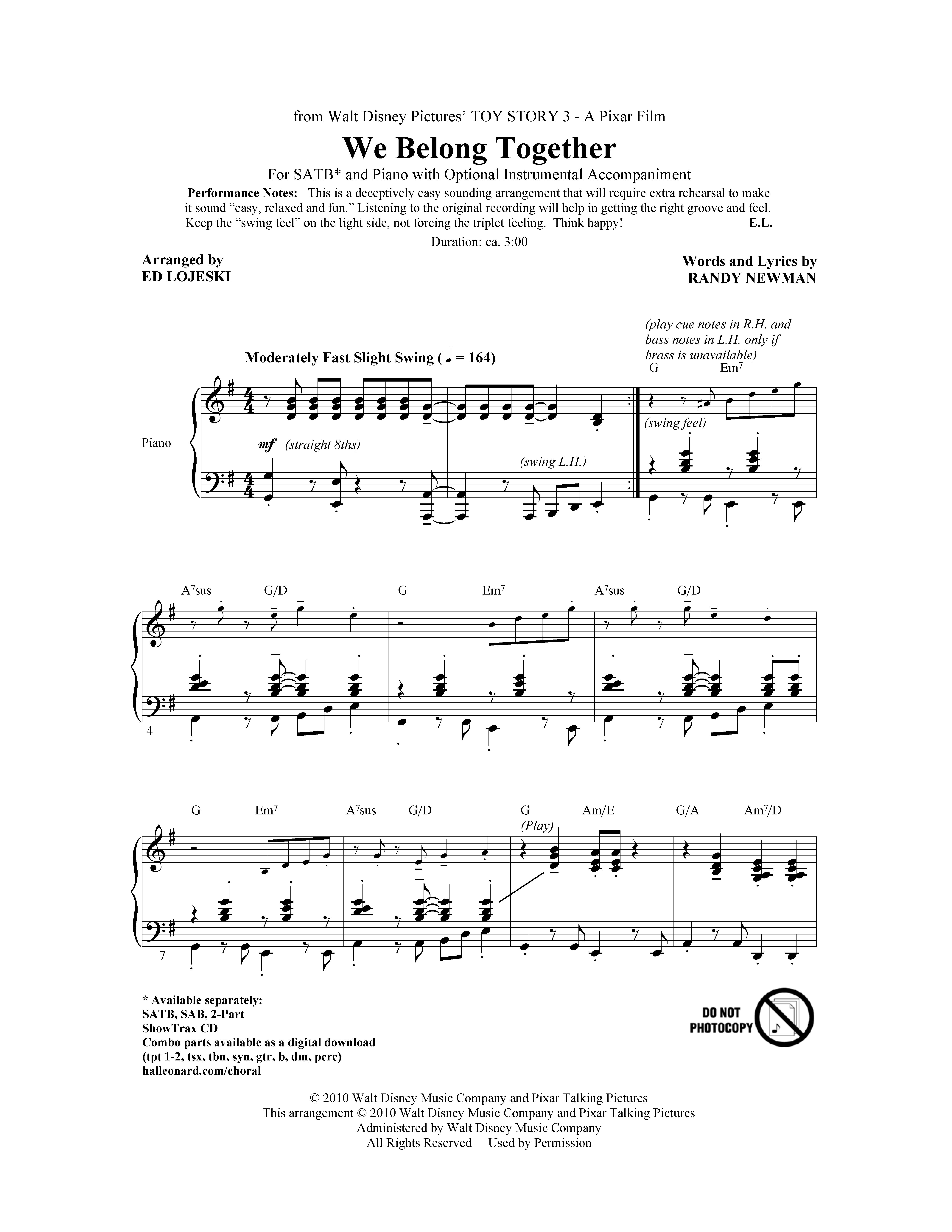 Produktbild zu: We Belong Together (from Toy Story 3) (arr. Ed Lojeski)
