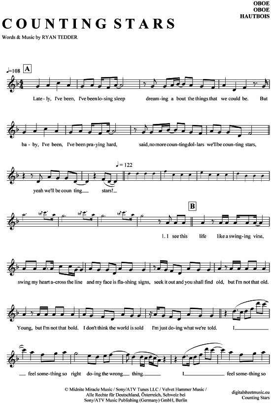 Produktgalerie: Seite 1 von 4 Counting Stars , OneRepublic, (Oboe)