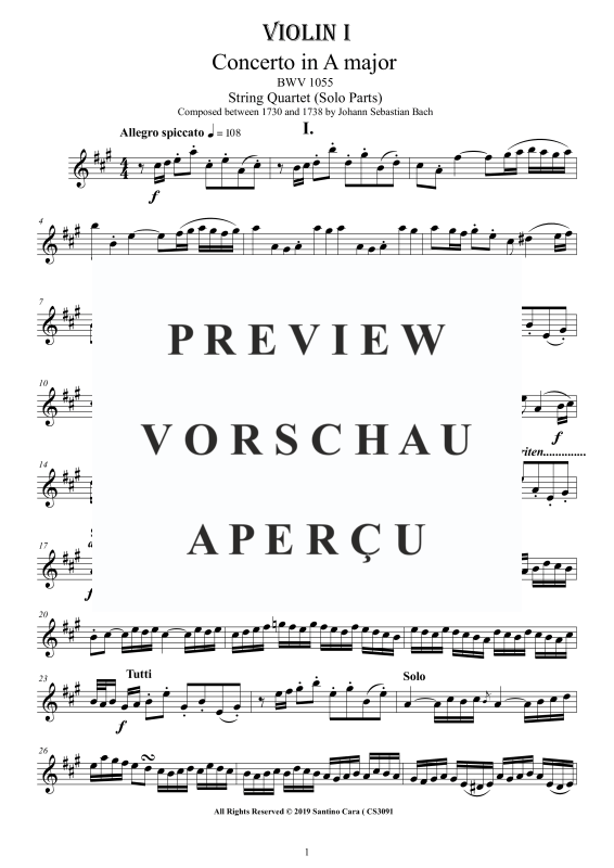 Product gallery: Page 2 of 11 Concerto in A-Dur BWV 1055, , String Quartet - Individual Parts