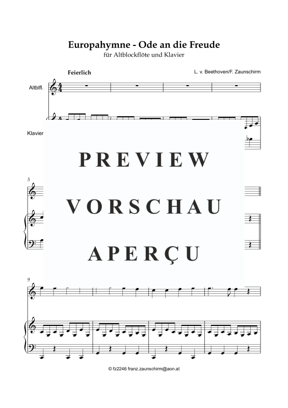 Produktgalerie: Seite 2 von 8 Europahymne - Ode an die Freude, , Alt Blockflöte und Klavier