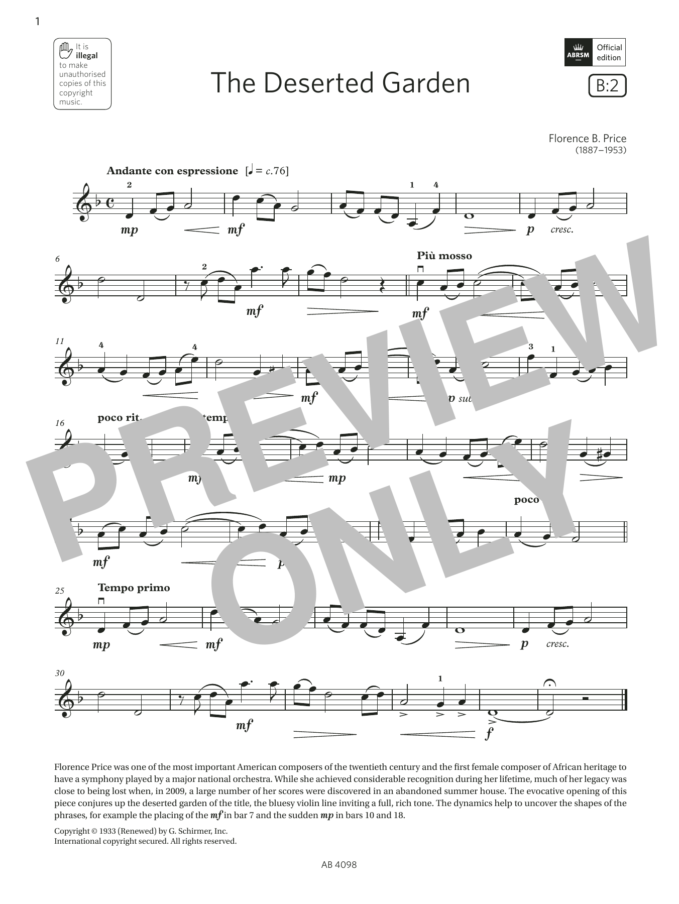 Product picture to:  The Deserted Garden (Grade 4, B2, from the ABRSM Violin Syllabus from 2024) - Florence B. Price