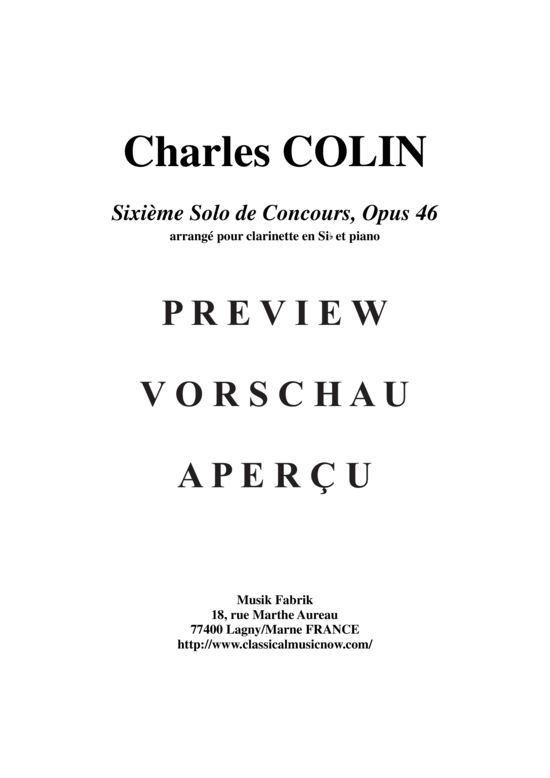 Produktgalerie: Seite 16 von 21 Sixième Solo de Concours, opus 46 , , (Klarinette in B + Klavier)