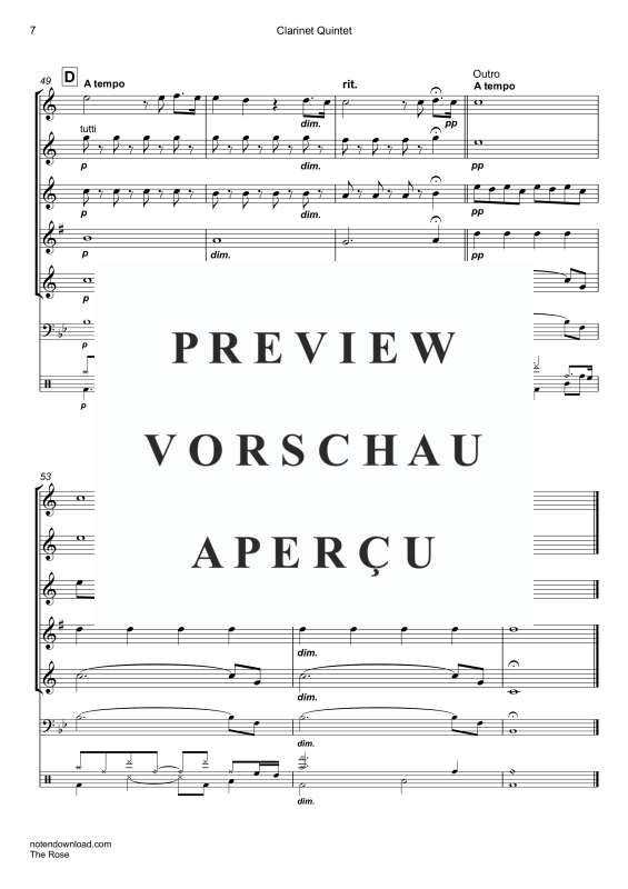 Produktgalerie: Seite 10 von 11 The Rose, Midler, Bette, Klarinetten Quintett/Ensemble/Band/Chor E-Bass & Drum Set opt.