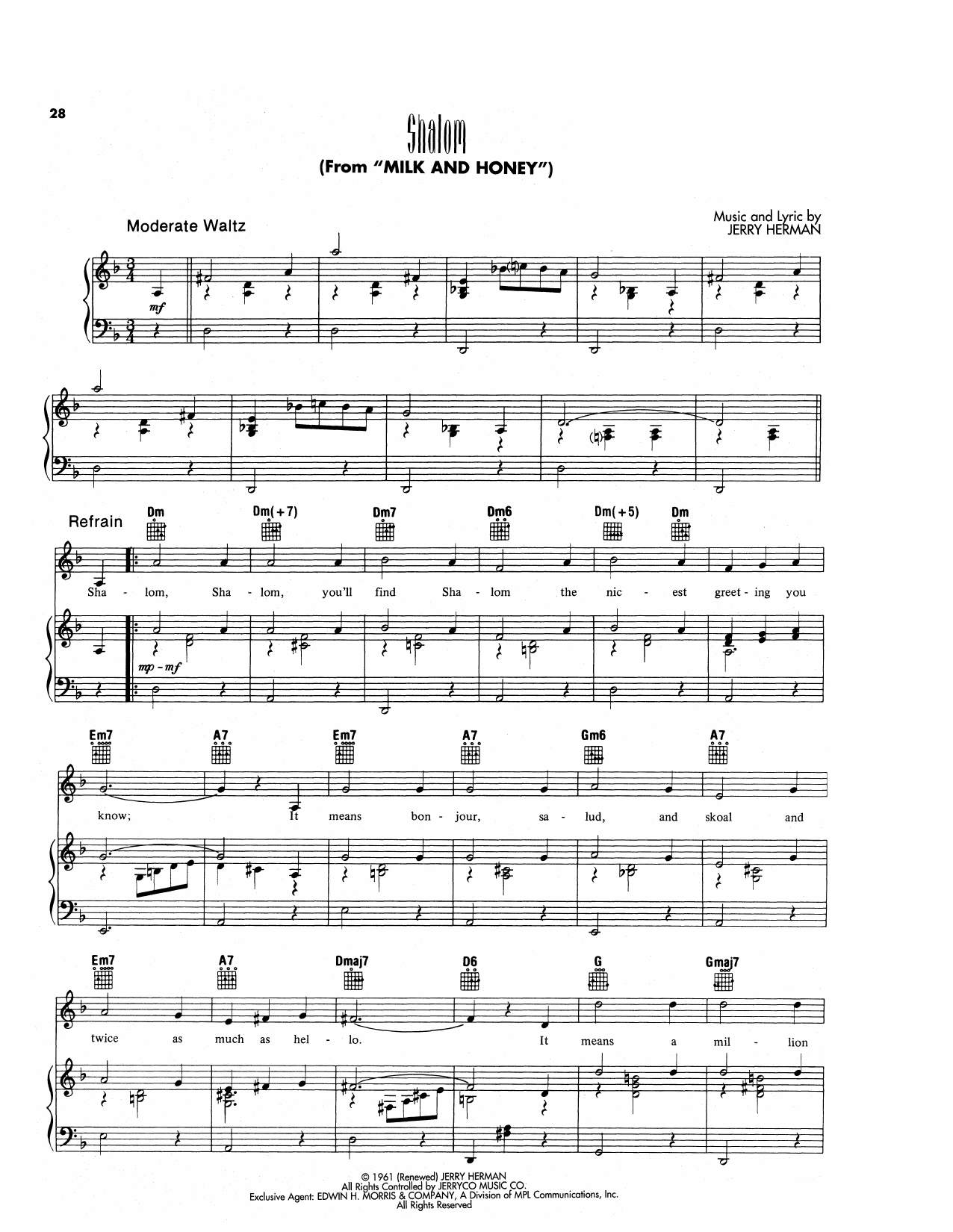 Produktgalerie: Seite 1 von 1 Shalom (from Milk And Honey), Jerry Herman, Gesang, Gitarre, Klavier