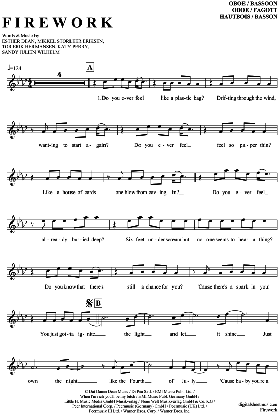 Produktgalerie: Seite 1 von 4 Firework , Perry, Katy, (Oboe / Fagott)