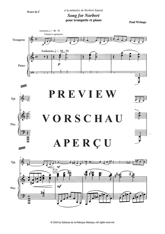 Produktgalerie: Seite 3 von 13 Song for Norbert , , (Trompete in B oder C + Klavier)