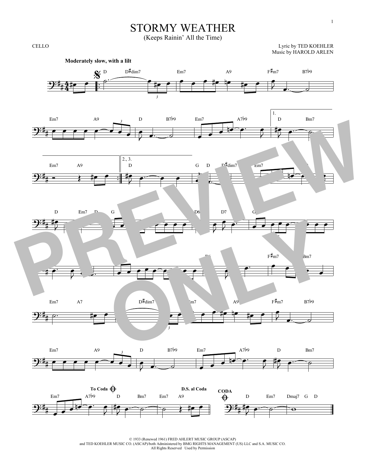 Produktgalerie: Seite 1 von 1 Stormy Weather (Keeps Rainin' All The Time), Harold Arlen, Violoncello