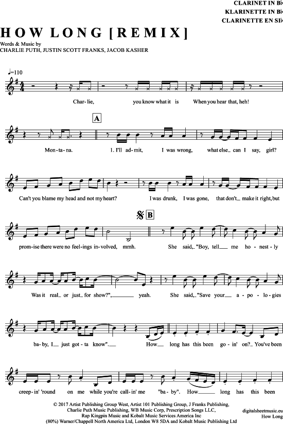 Product gallery: Page 1 of 4 How Long , Puth, Charlie, Clarinet in B-flat