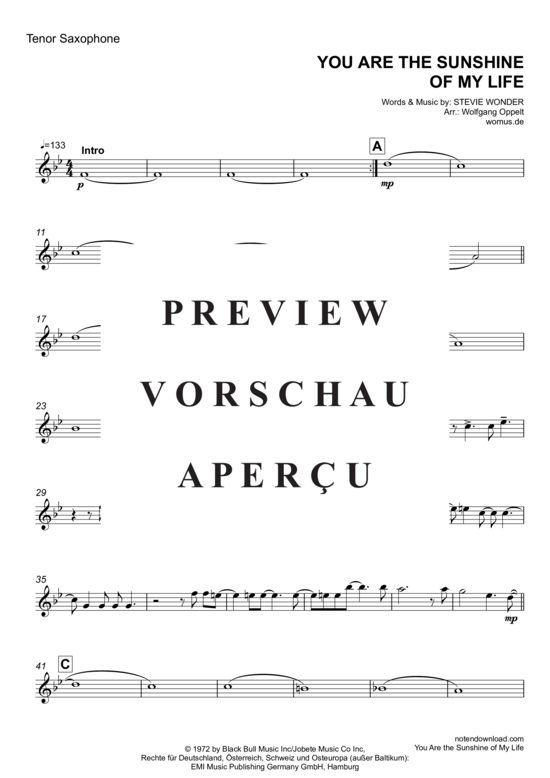 Product gallery: Page 11 of 16 You Are the Sunshine of My Life , Wonder, Stevie, (Saxophone Quartet A/S ATB)