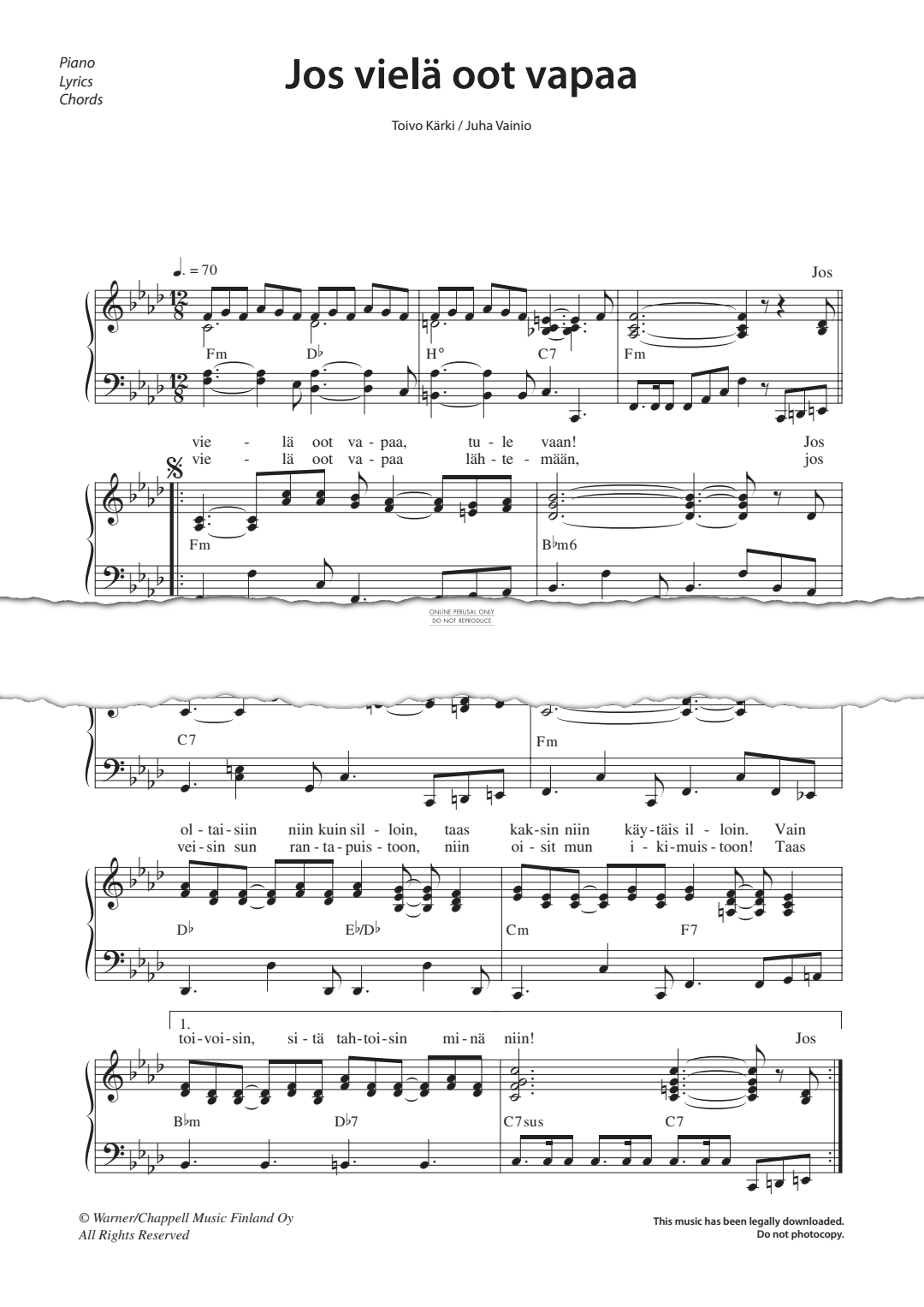 Produktgalerie: Seite 1 von 1 Jos vielä oot vapaa, , Gesang, Gitarre, Klavier