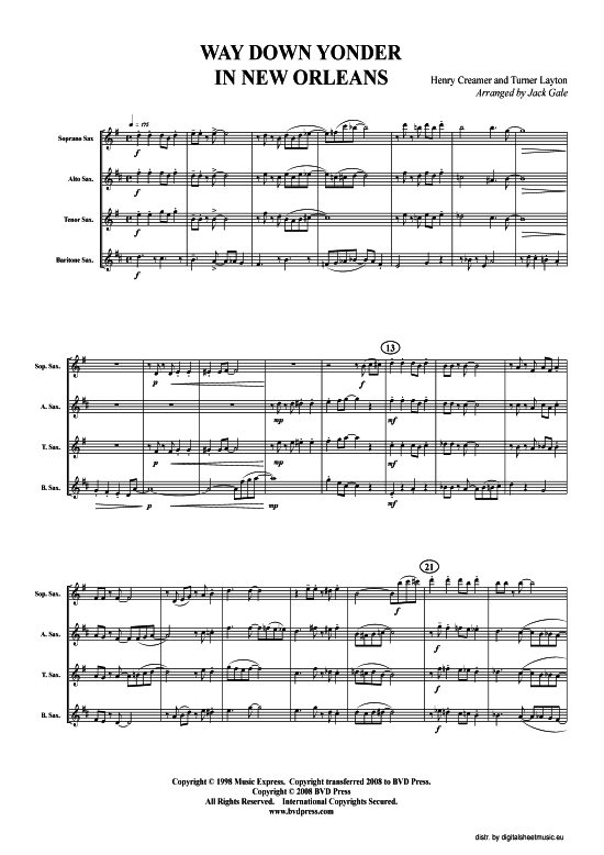 Way Down Yonder in New Orleans (Saxophon-Quartett S(A) 
