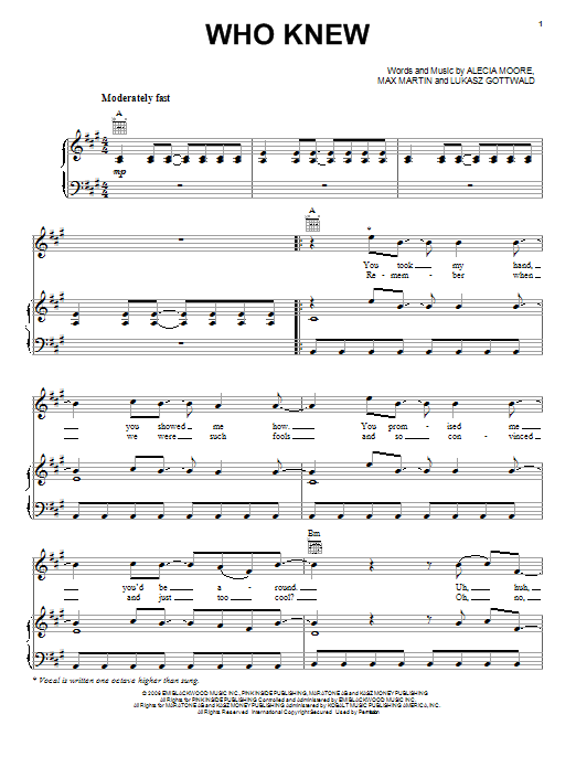 Produktgalerie: Seite 1 von 1 Who Knew, P!nk, Gesang, Gitarre, Klavier