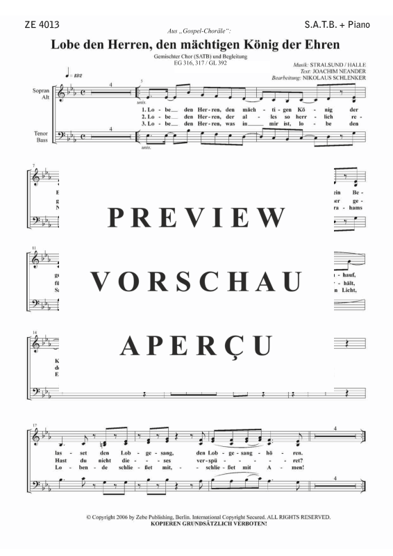 gallery: Lobe den Herren, den mächtigen König der Ehren EG 316, 317 / GL 392, , Gemischter Chor und Klavier