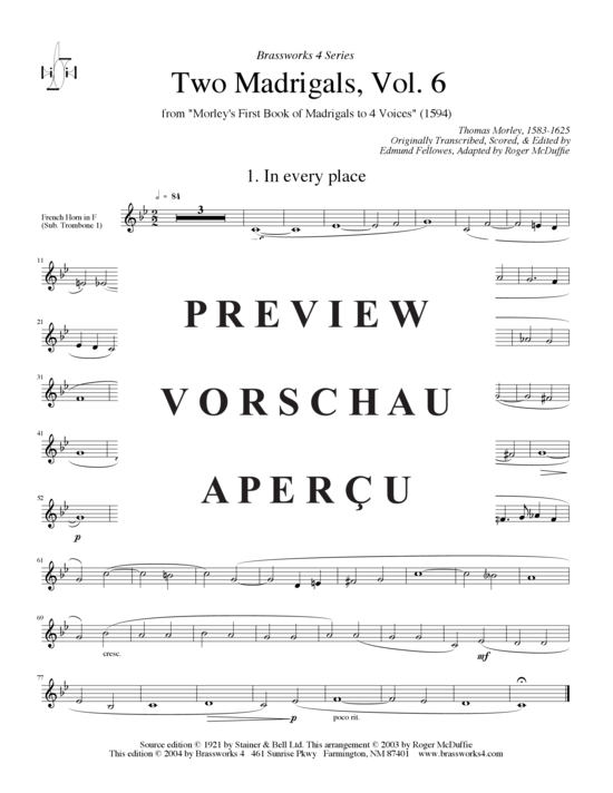 Produktgalerie: Seite 8 von 15 Zwei Madrigale Vol. 6, , (2xTrompete in B/C, Horn in F, Posaune)