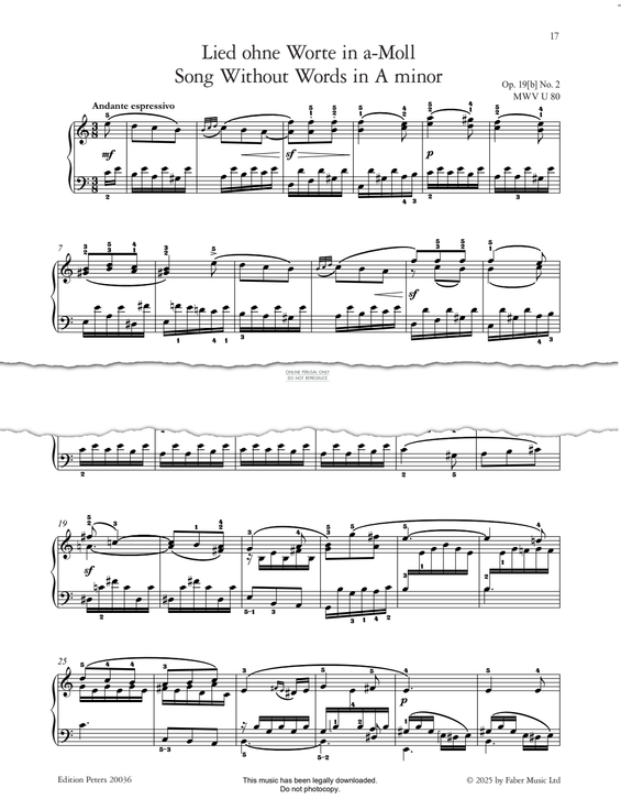 Produktgalerie: Seite 1 von 1 Song Without Words in A Minor Op.19(b), No.2, Felix Mendelssohn, Klavier