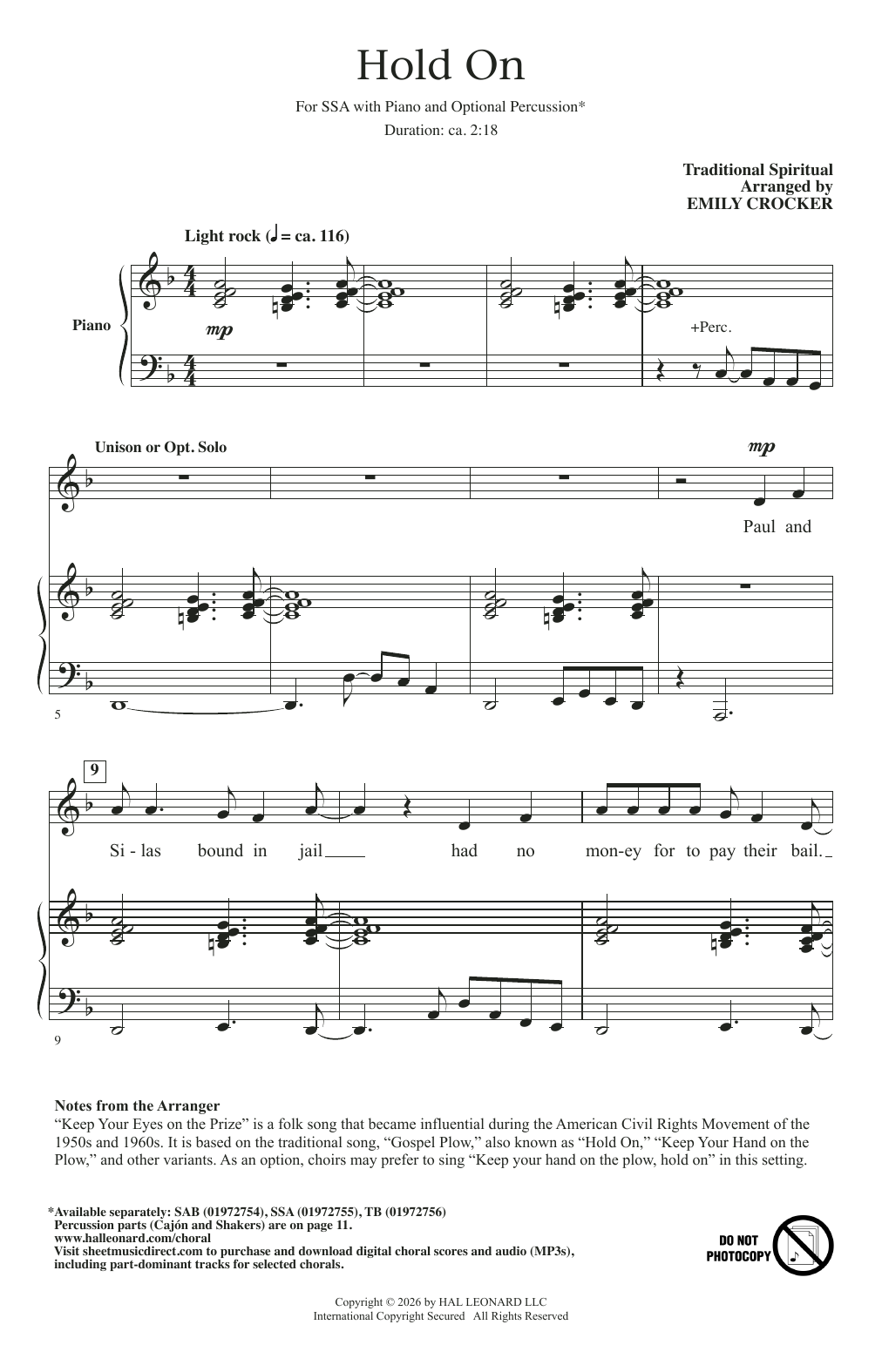 Produktgalerie: Seite 1 von 1 Hold On (arr. Emily Crocker), Traditional Spiritual, Chor