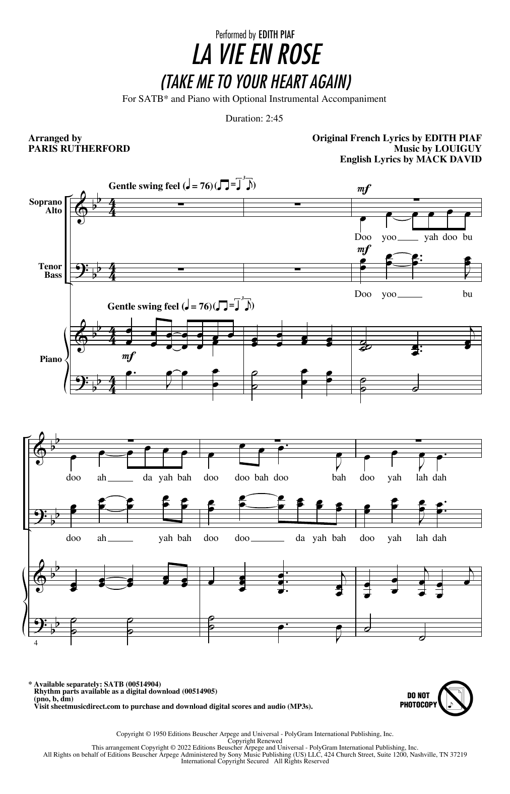 Product picture to: La Vie En Rose (Take Me To Your Heart Again) (arr. Paris Rutherford)