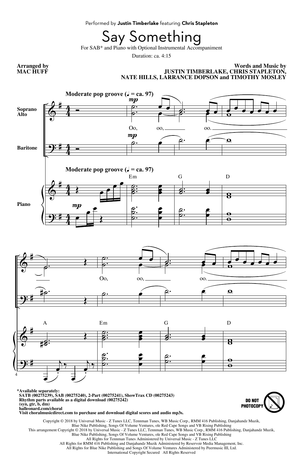 Product picture to: Say Something (feat. Chris Stapleton) (arr. Mac Huff)