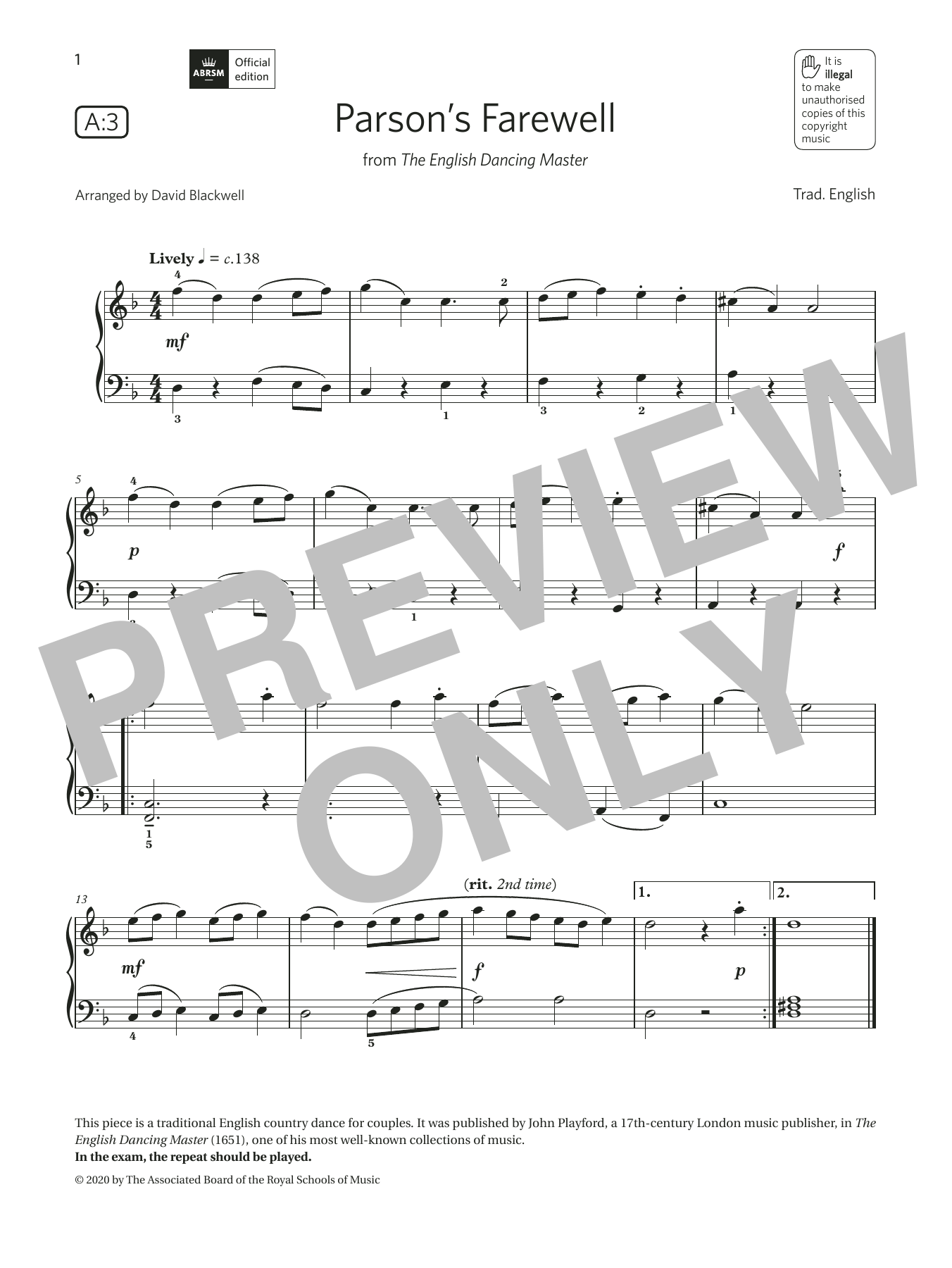 Product picture to: Parson's Farewell (Grade 1, list A3, from the ABRSM Piano Syllabus 2021 & 2022)
