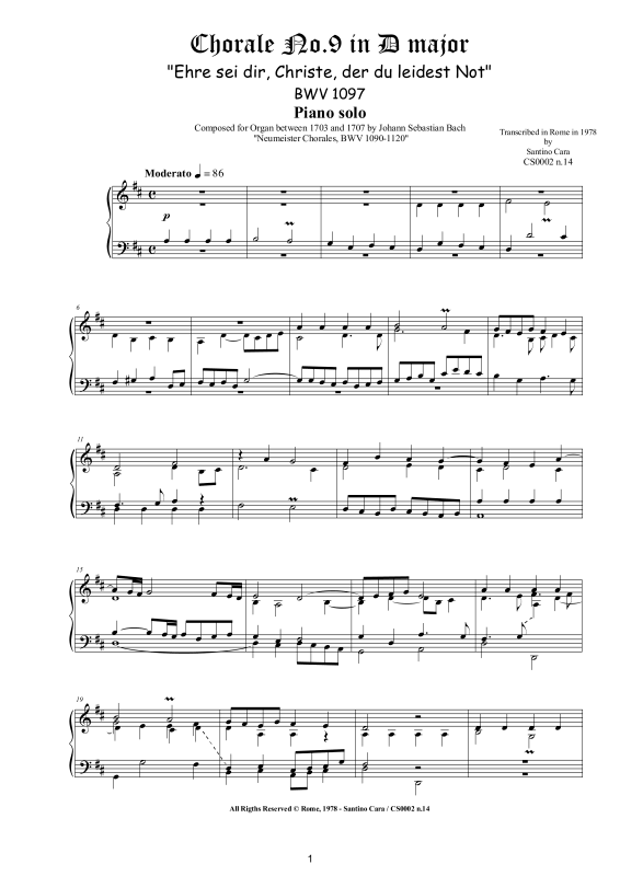 Product picture to: Choral No.9 in D-Dur (Ehre sei dir, Christe, der du leidest Not) BWV 1097Johann Sebastian Bach
