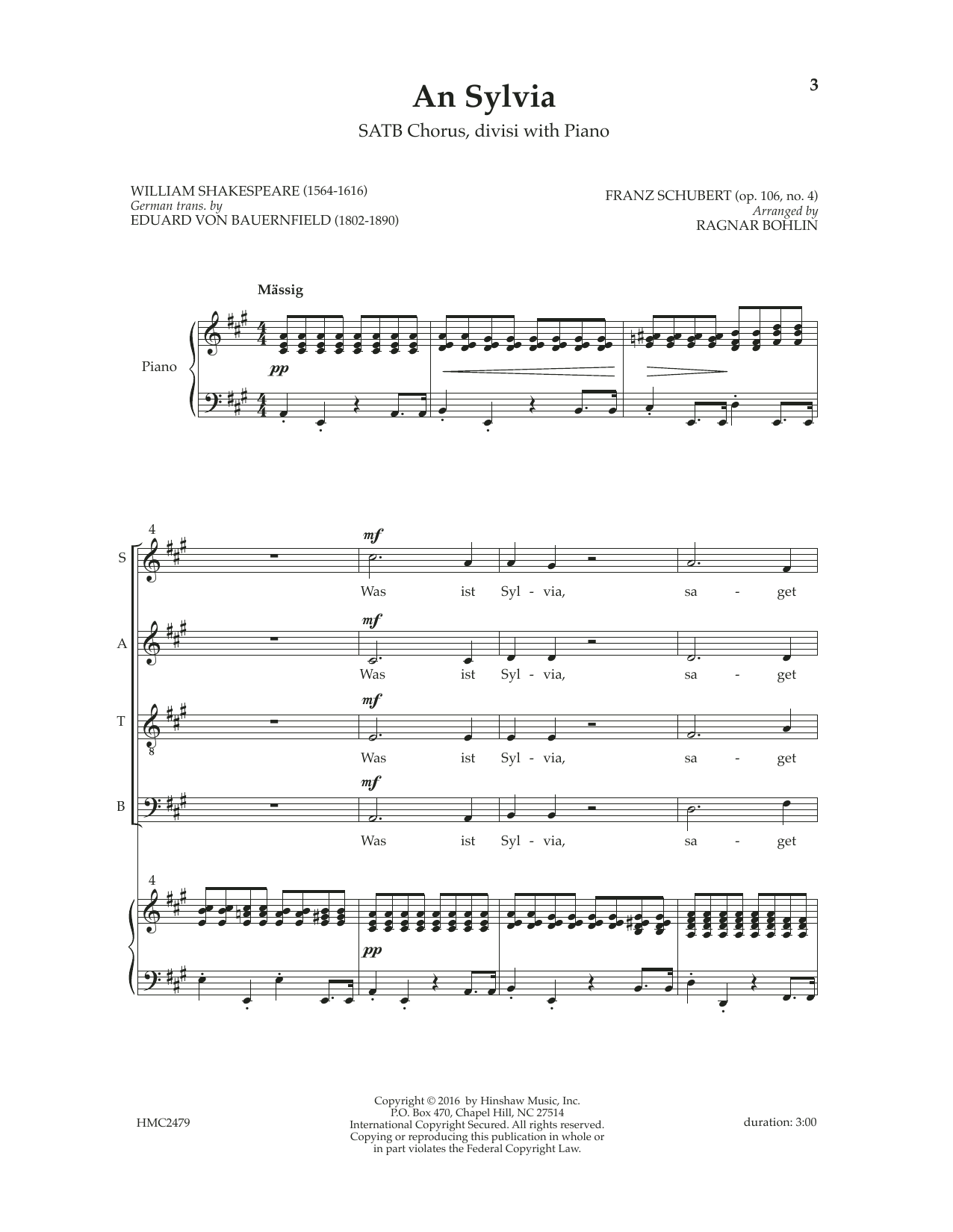 Produktbild zu: An Sylvia (op. 106, No. 4) (arr. Ragnar Bohlin)