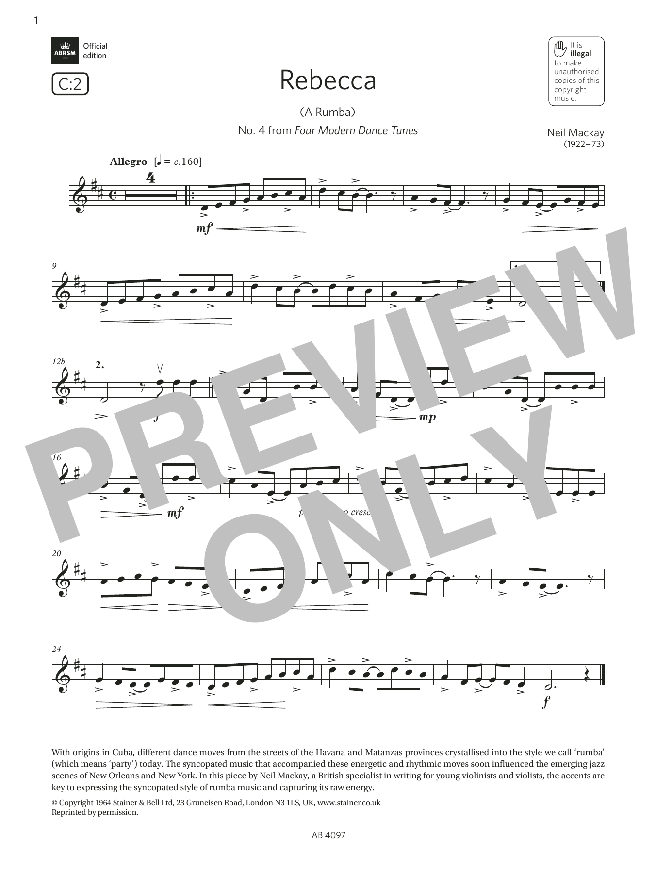 Product gallery: Page 1 of 1 Rebecca (A Rumba) (Grade 3, C2, from the ABRSM Violin Syllabus from 2024), Neil Mackay