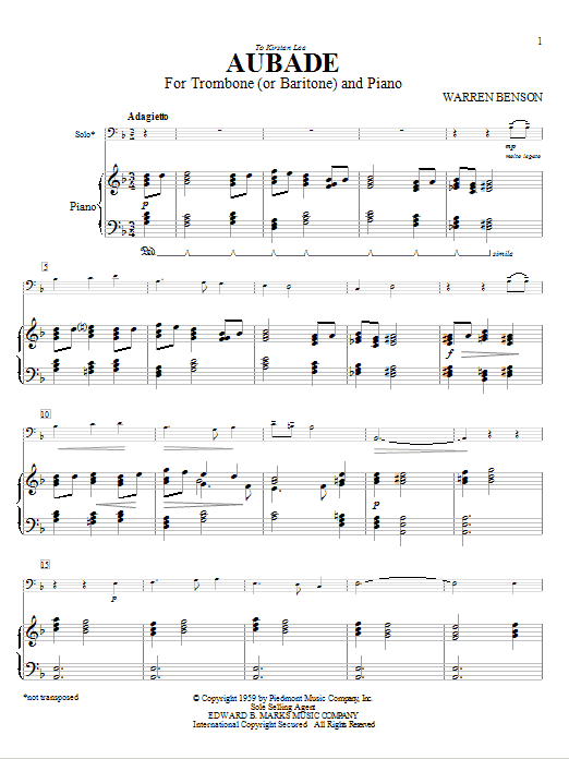 Product gallery: Page 1 of 1 Aubade For Trombone (or Baritone) And Piano, Warren Benson