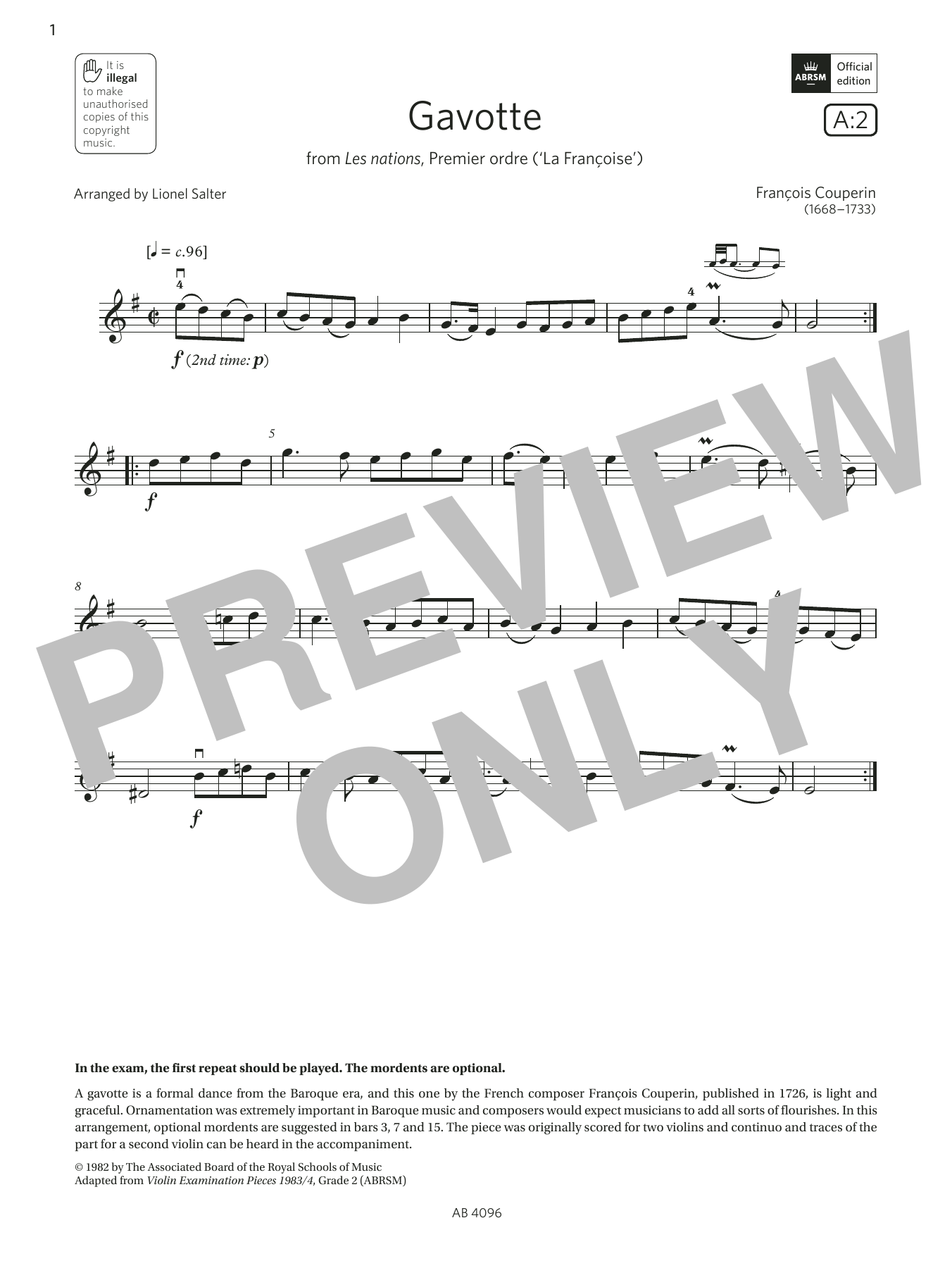 Product gallery: Page 1 of 1 Gavotte (Grade 2, A2, from the ABRSM Violin Syllabus from 2024), François Couperin
