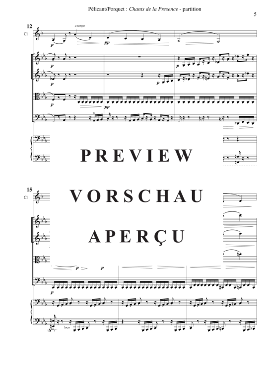 Product gallery: Page 8 of 21 Chants de la Présence , , (Mixed ensemble for soprano, clarinet in Bb + string quartet, piano)