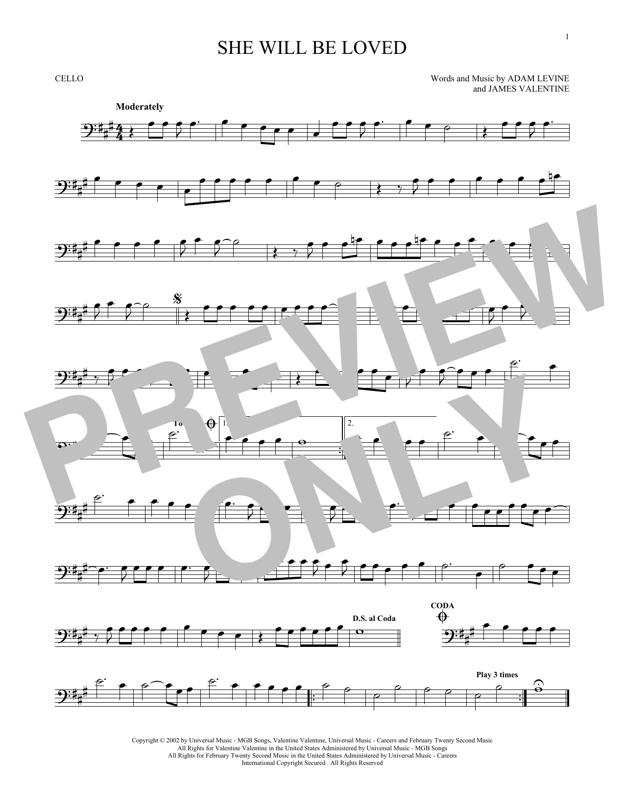 Produktgalerie: Seite 1 von 1 She Will Be Loved, Maroon 5, Violoncello