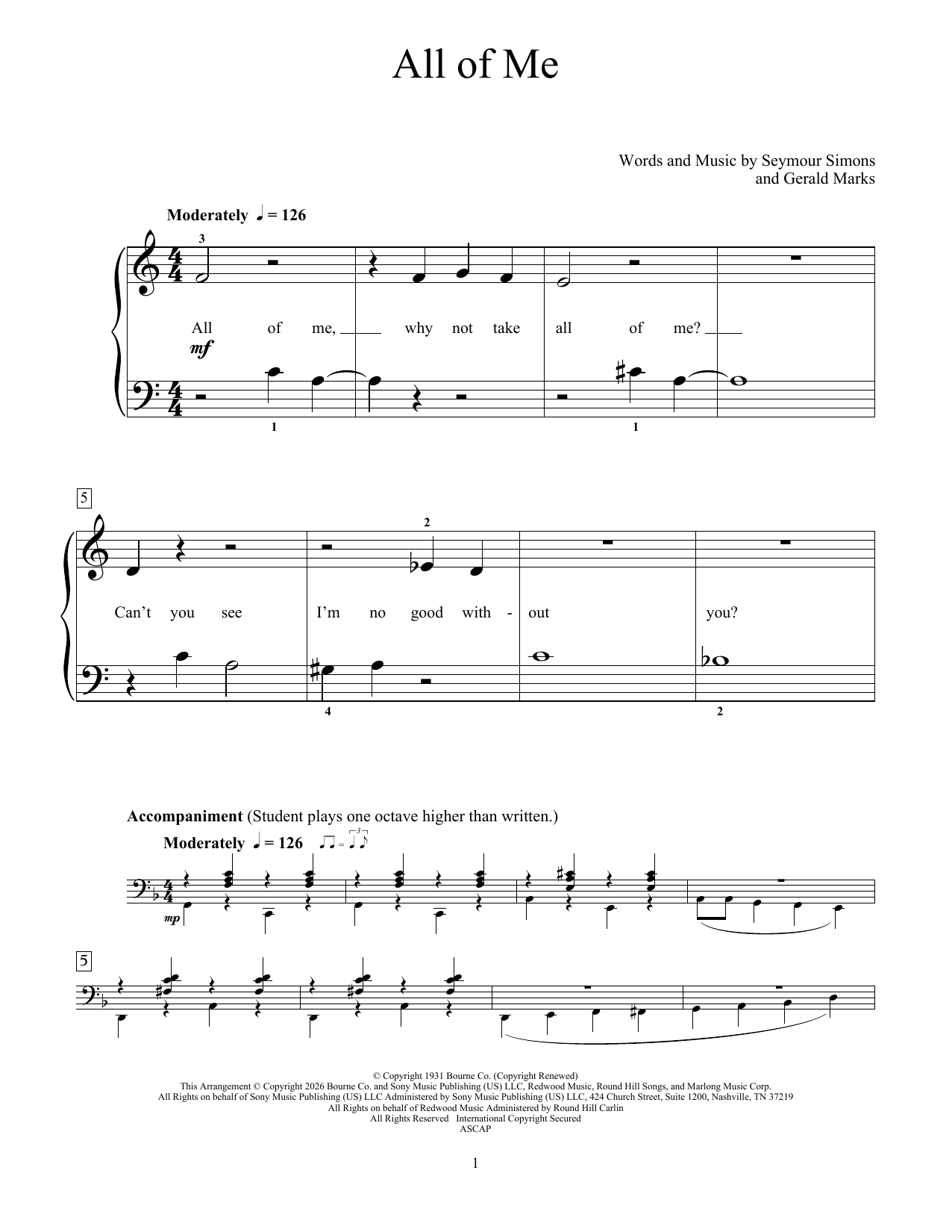 Produktgalerie: Seite 1 von 1 All Of Me, Seymour Simons and Gerald Marks, Klavier