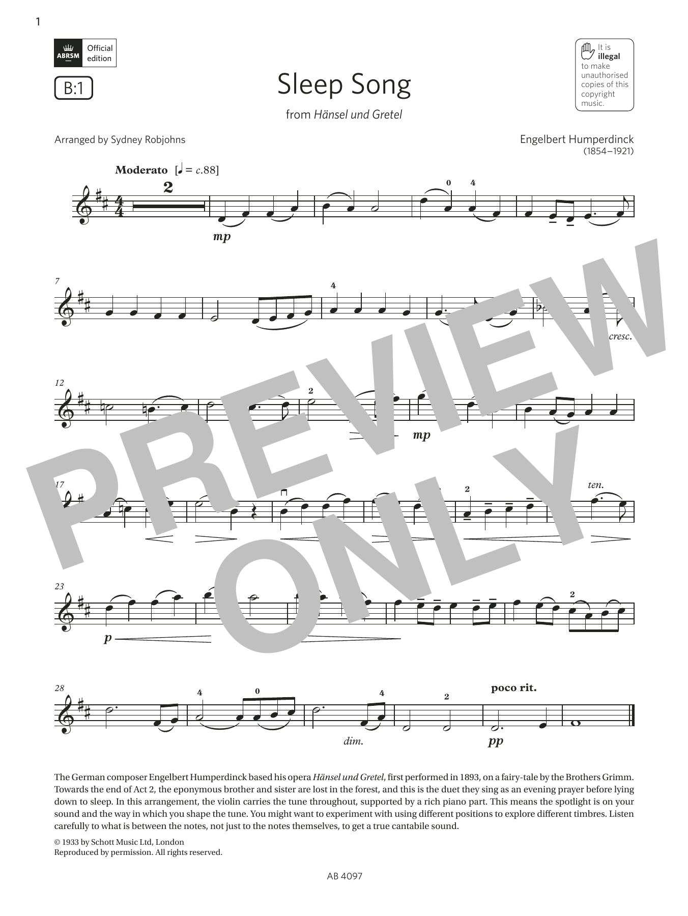 Product gallery: Page 1 of 1 Sleep Song (Grade 3, B1, from the ABRSM Violin Syllabus from 2024), Engelbert Humperdinck