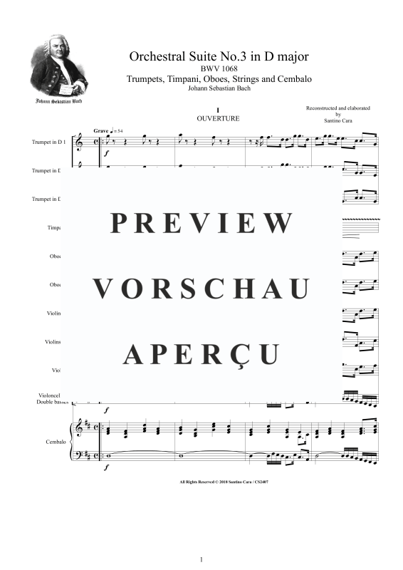 Produktgalerie: Seite 2 von 11 Orchester Suite Nr. 3 D-Dur BWV 1068, , Orchester 3 Trompeten, 3 Oboen, Pauken, Streicher und Cembalo BC